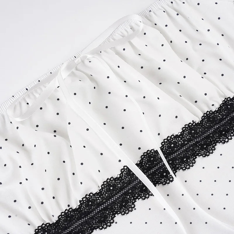 Cyflymder  Casual Dot Printed T Shirt French Style Slim Bandage Lace Trim Short Sleeve Tees Women 2025 Summer Fashion Streetwear