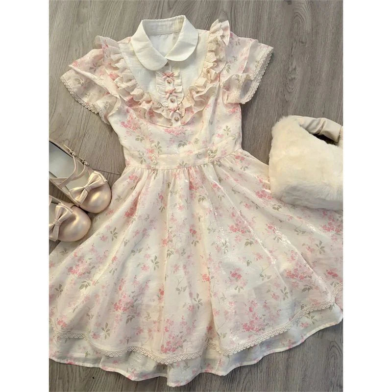 Cyflymder  Kawaii Floral Mini Dress Women Japanese Lolita Cute Bow Ruffles Patchwork Dresses Summer Korean Fashion Bodycon A Line Vestidos