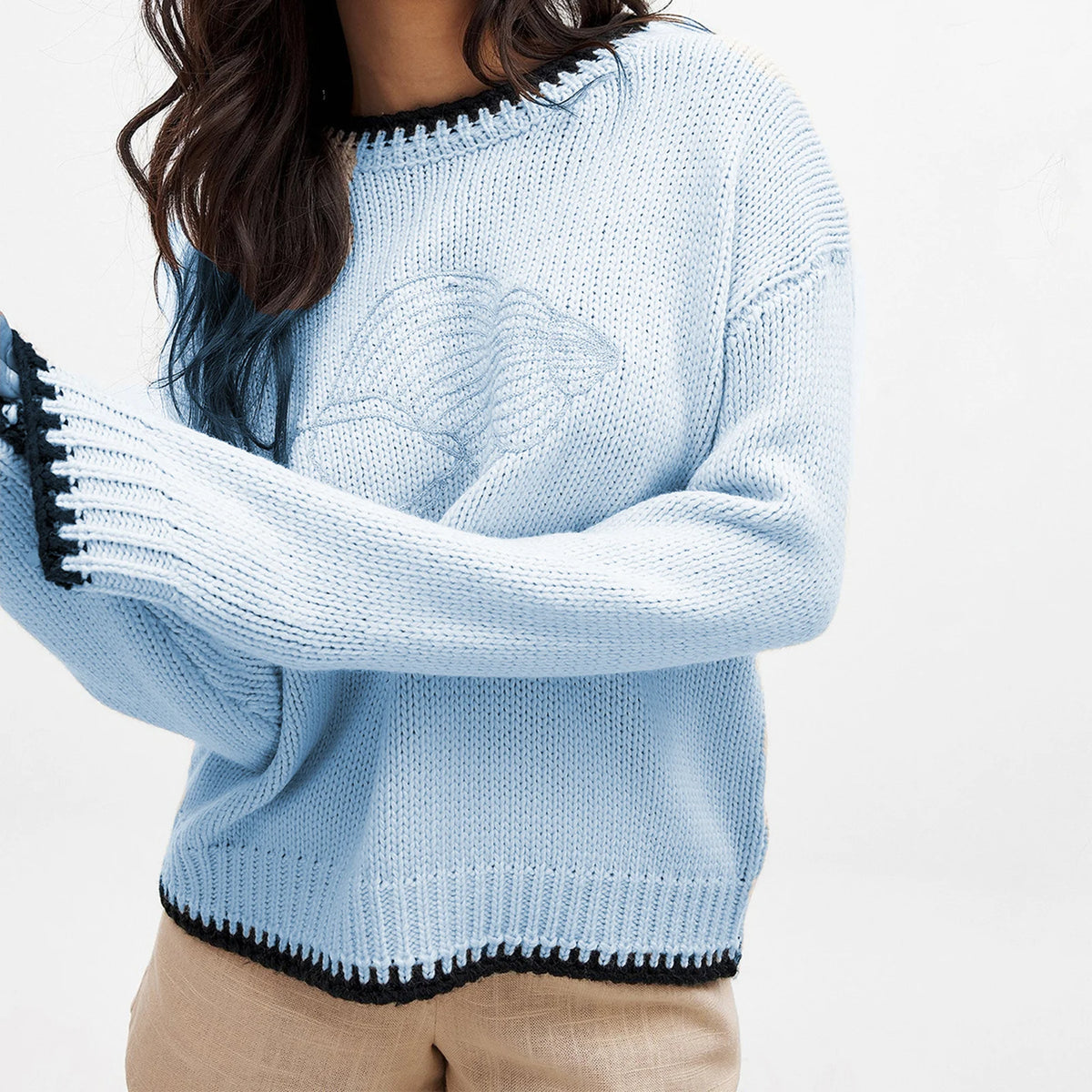 Cyflymder  Women s Cable Knit Sweaters Long Sleeve V-Neck Star Embroidery Pullovers Oversized Fit Tops with Ribbed Trim