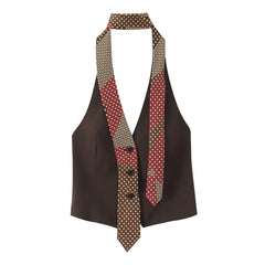 Cyflymder  Women's Top Autumn New Style Dark Brown Sleeveless Halter Neck with Tie Decoration Vest Sexy Fashion Unique and Versatile