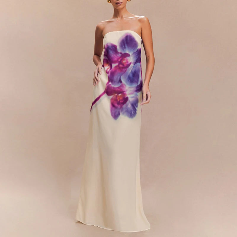 Cyflymder  Spring Fashion Flower Print Women Long Dress Sexy Strapless Backless Hollow Evening Dress Summer Off Shoulder Holiday Maxi Dress