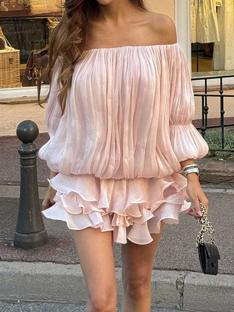 Cyflymder  Women's Elegant Off Shoulder Long Sleeve Dress Fashion Temperament Hight Waist Short Dress Casual Draped Solid Ruffle Mini Dress