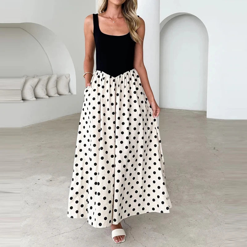 Cyflymder  Polka Dot Print Patchwork Vest Dress Fashion U-neck Sleeveless Loose Long Dress Women'e Elegant Draped Pocket Party Dress