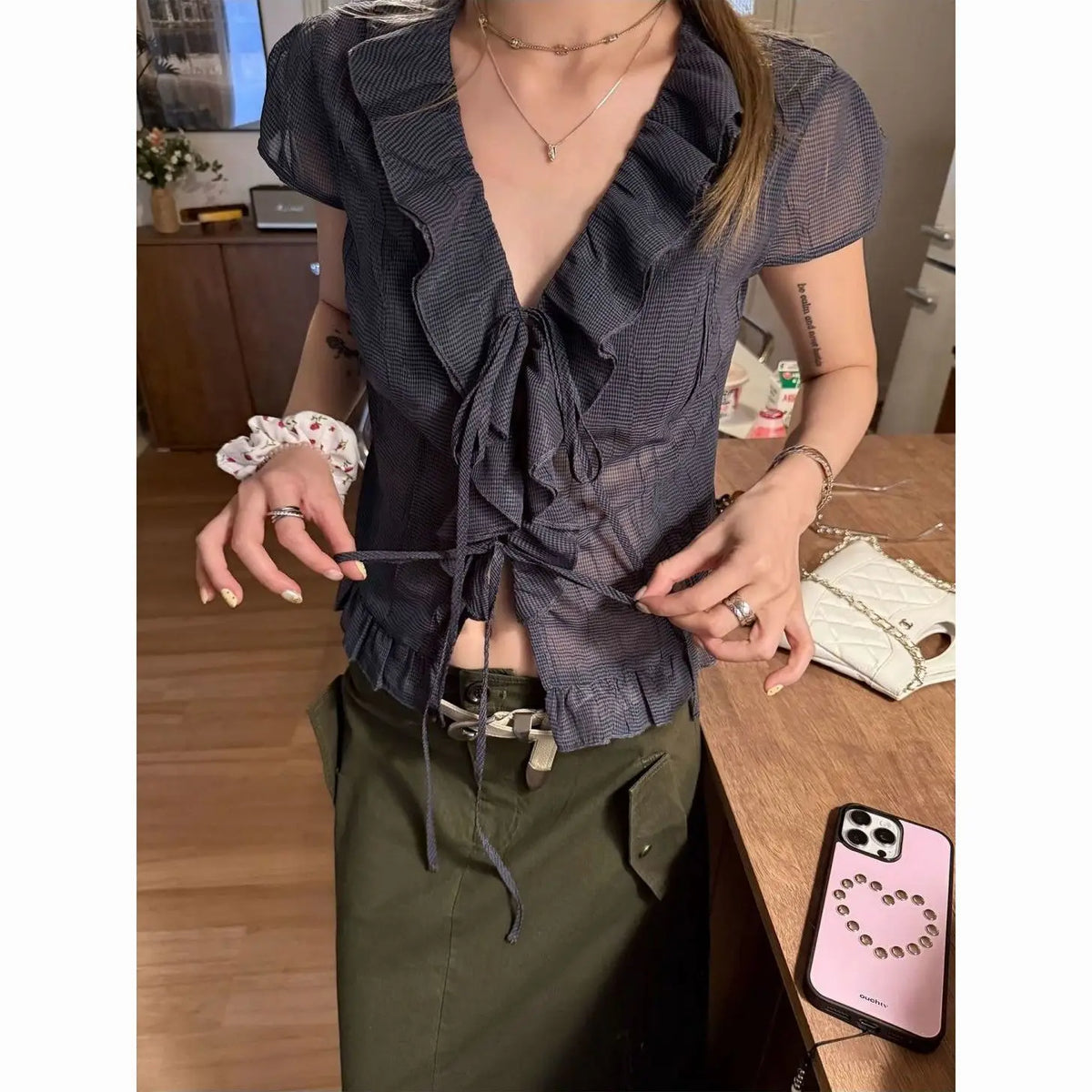 Cyflymder  Gray-blue Plaid Light Sunscreen Shirt Ruffle Edge Short-sleeved Shirt Top