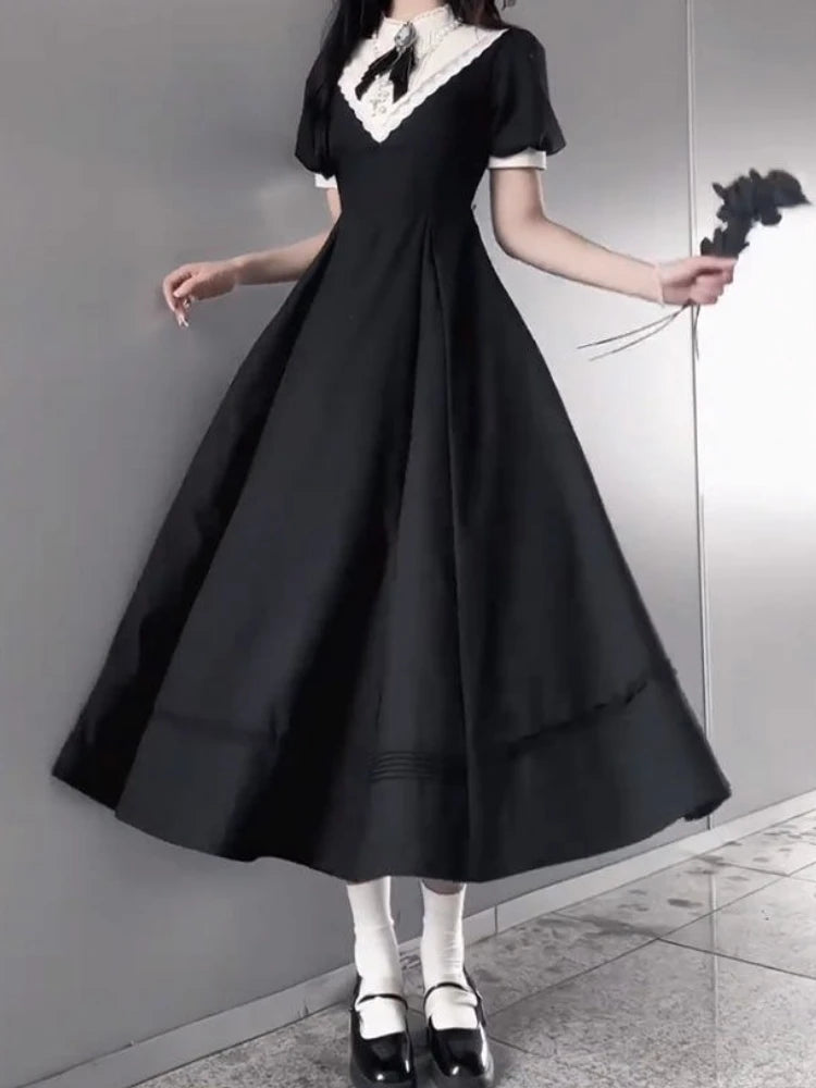 Cyflymder  Elegant Spliced O Neck Short Sleeve A-line Long Dress Y2k Euramerican High Street Gothic Women Dress Vintage Lolita Punk Clothes