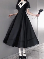 Cyflymder  Elegant Spliced O Neck Short Sleeve A-line Long Dress Y2k Euramerican High Street Gothic Women Dress Vintage Lolita Punk Clothes