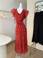 Cyflymder  Women's Summer Elegant V Neck Ruffles Sleeve Floral Long Dress Lady Streetwear Holiday Strap Slim Long Dress