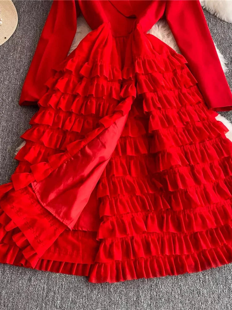 Cyflymder Autumn Winter Women Red/Black/Khaki Party Long Dress Vintage Notched Collar High Waist Tierred Ruffle Maxi Vestidos Female New