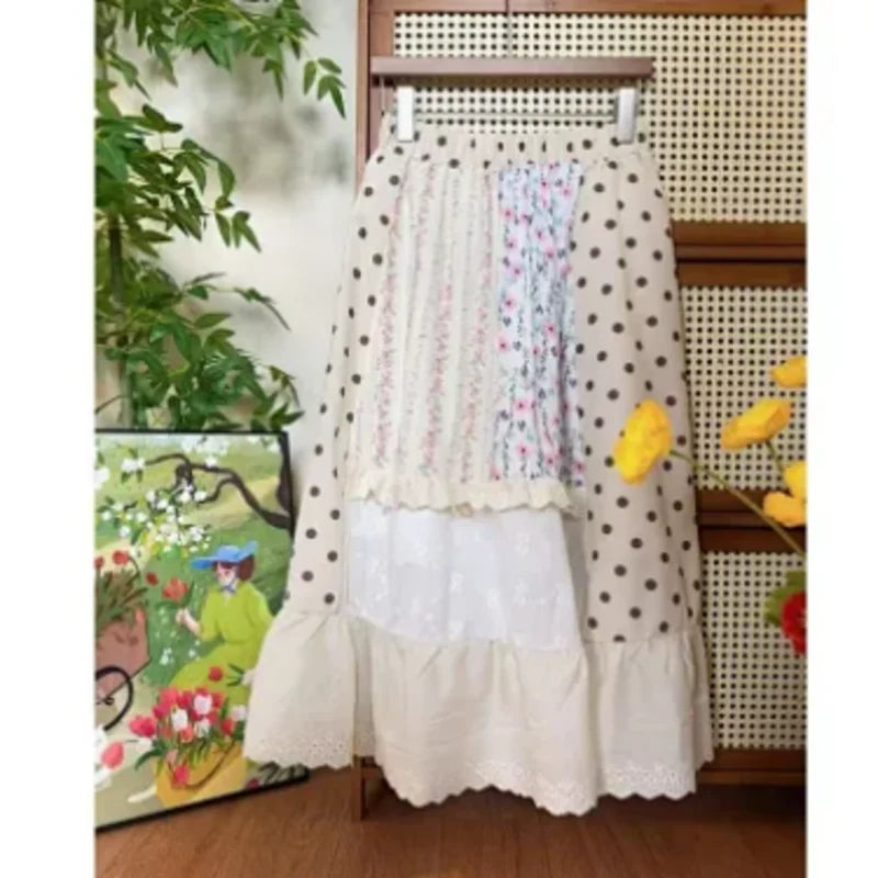 Cyflymder  Summer Bohemia Sweet Flower Print Skirts Women Trendy Chic Splice Simple Elastic Waist Splice Lace A-line Midi Skirt 288B