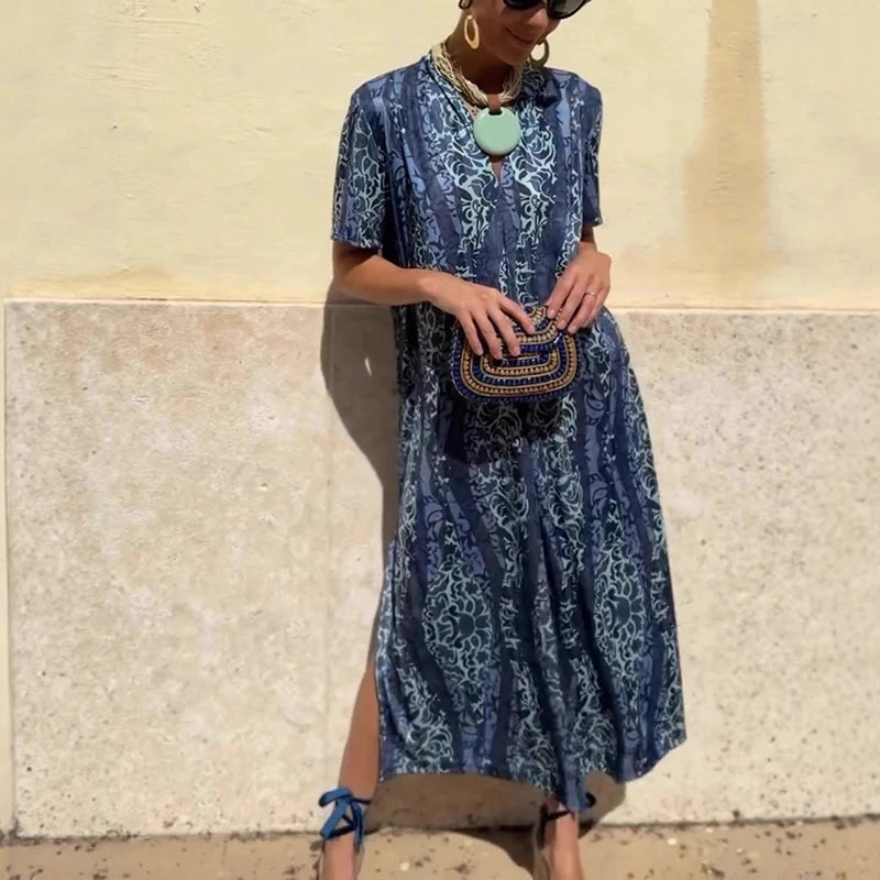 Cyflymder  Leisure High Waist Pattern Printed Women's Dress Summer New Loose Party Maxi Dress Elegant V-neck Short Sleeve Commuting Dresses