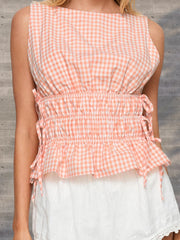 Cyflymder  Stylish Women s Plaid Tank Top with Round Neck and Sleeveless Design Featuring Side Tie Ruffle Detail for a Trendy Summer Look