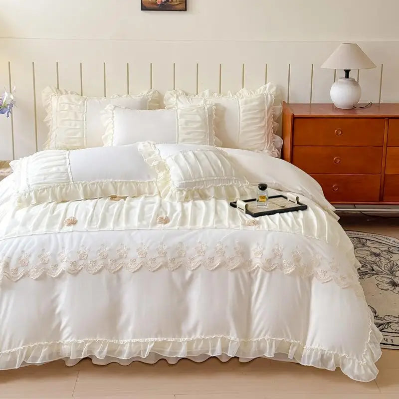 Cyflymder  Luxury Solid Color Bed Skirt Bedding Sets with Lace Silky Breathable Bedclothes for Home All Seasons Single Double Bedspread Kit