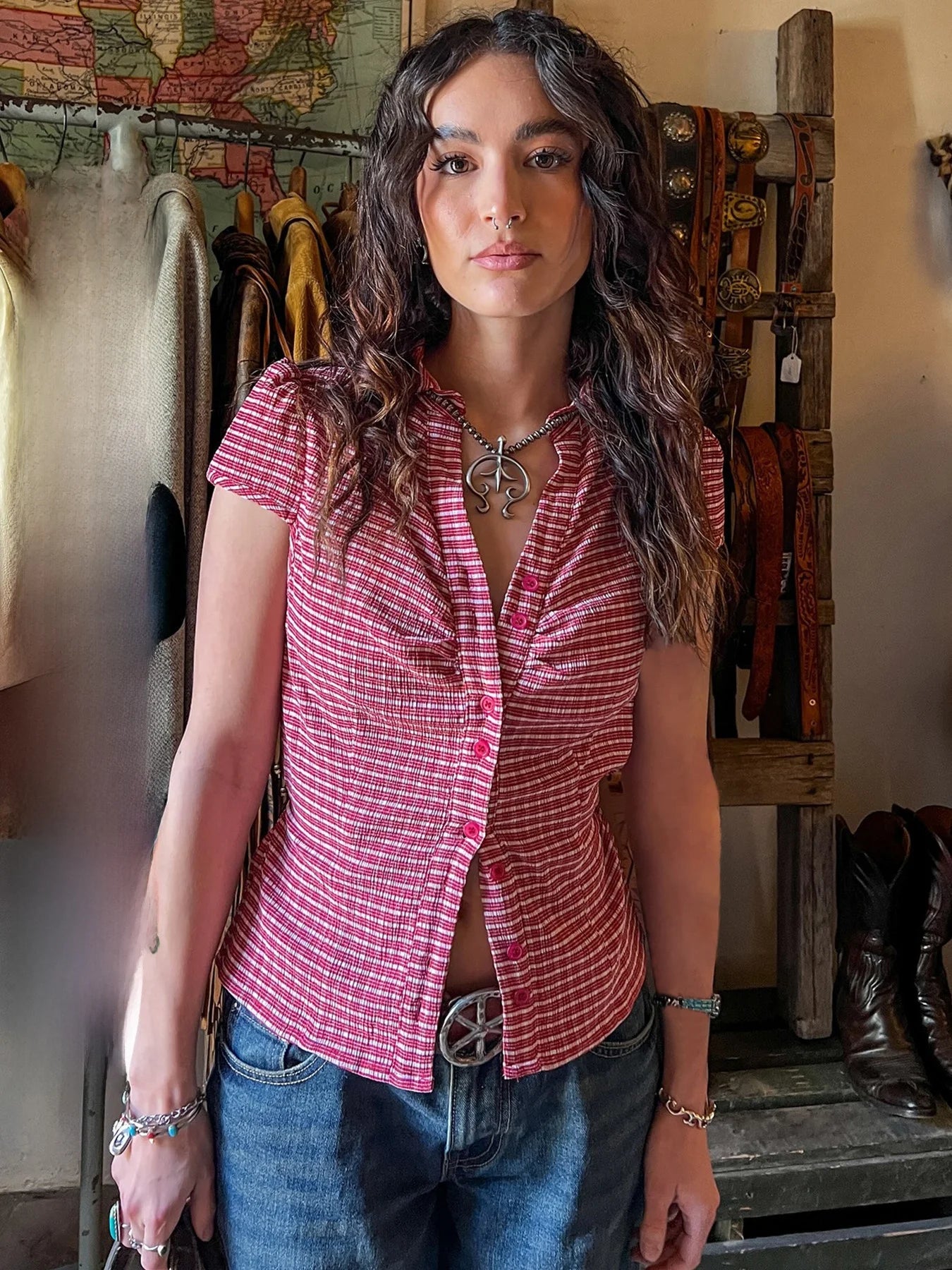 Cyflymder  American Retro Red Plaid ort Sve irt Casual Slim Fit Waist Cinching Button up Top for Young Women