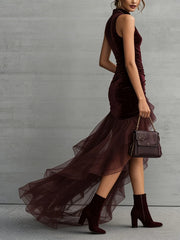 Cyflymder  Elegant Party Dress Velvet Halter Long Sleeveless Evening Dress Ruched Bodice Tulle Skirt Wine Red Maxi Dress For Woman On