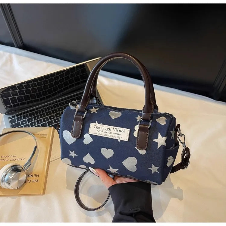 Cyflymder  Harajuku Style Heart Star Print Canvas Bag Women Sweet Cute Boston Bag Ladies Versatile Fashion Trendy Handbag Y2k Aesthetic New