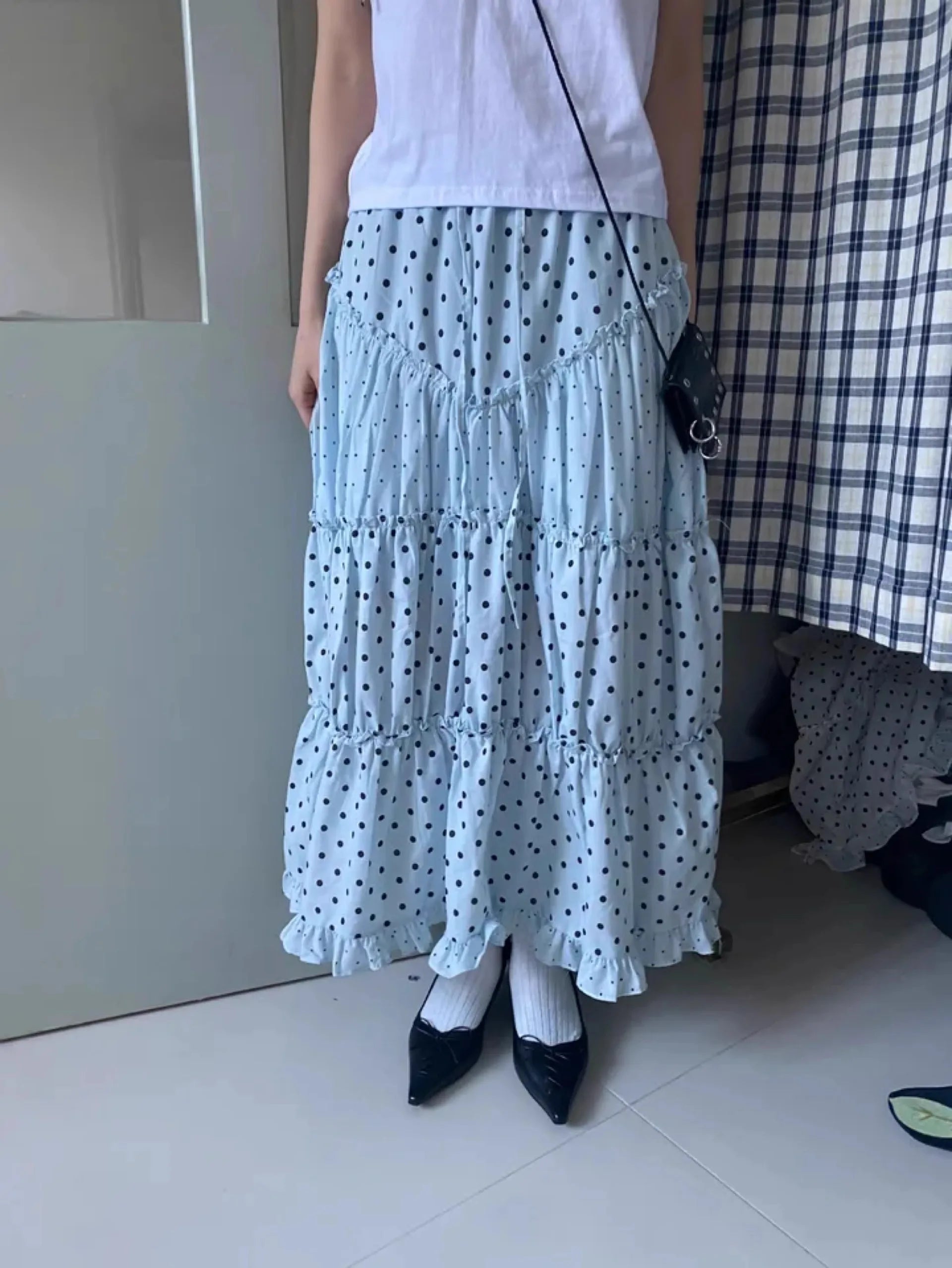 Cyflymder  Oxygen Girl Retro Polka Dot f-length Skirt with Pleated Lace Elastic Waist A-line Mid-length Commute Sle Summer 2025