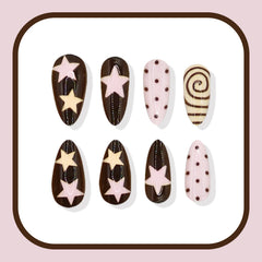 Cyflymder   24pcs Korean Style Fake Nails Pink Brown Spiral Stripes Five-pointed Star Pattern Press On Nails Ins Polka Dot Almond False Nail