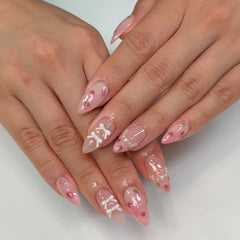 Cyflymder  24Pcs 3D Bow Strawberry False Nails Art Mid-length Almond Full Cover Nails Tips Pink Smudge Pearl Detachable Press on Fake Nails