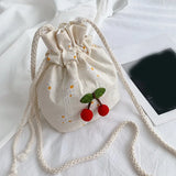 Cyflymder Canvas Cute Cherry Bag 14*18cm Small Kids Bags Single Shoulder Beach Bag New Portable Drawstring Bags Floral Decoration