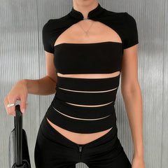 Cyflymder  Chic Hollow Out Skinny Short Sleeves T-shirts Women Fashion Street Wear Black Stand Collar Design Tops Hottie High Street Clothe