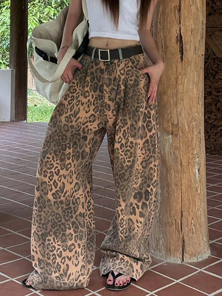 Cyflymder  Retro Splicing High Waist plus Size Slimming Leopard Print Design Casual Sle Women's Jeans Autumn New Arrival