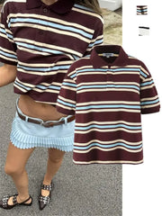 Cyflymder  Loose Fits Casual Street Sle T-irt  Collar Contrast Color Versatile Lazy Sli Top American Retro Striped