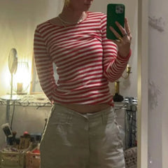 Cyflymder  Vintage Preppy Style Y2K Crop Tops Clothes Cottage Striped Rib Knitted T-shirt Women Long Sleeve Casual Basic Tees Pullovers