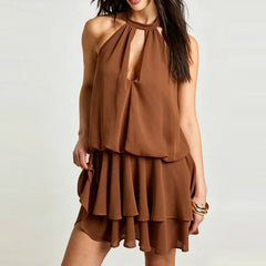 Cyflymder  Fashion Sleeveless Backless Short Dresses Sexy Halter Hollow Draped A-Line Dress Ruffled Edge Hight Waist Solid Color Mini Dress