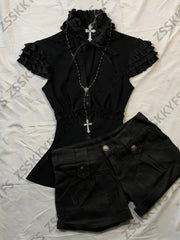 Cyflymder  Summer Gothic Girl V-neck Shirts Top Punk Grunge Clothes 90s T-shirts Women's Harajuku Dark Sexy Shorts Tshirt Lace Y2k Set Tees