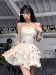 Cyflymder  Summer French Vintage Sweet Dresses Female Kawaii Y2K Fashion Fariy Mini Dress Korean Party Ruffles Puff Sleeve Cake Dress