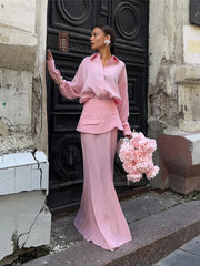 Cyflymder  Women Chic Office 3Piece Set Classic Lapel Loose Blouse+Single Breasted Mini Skirts+Solid Maxi Bottoms Female Streetwear