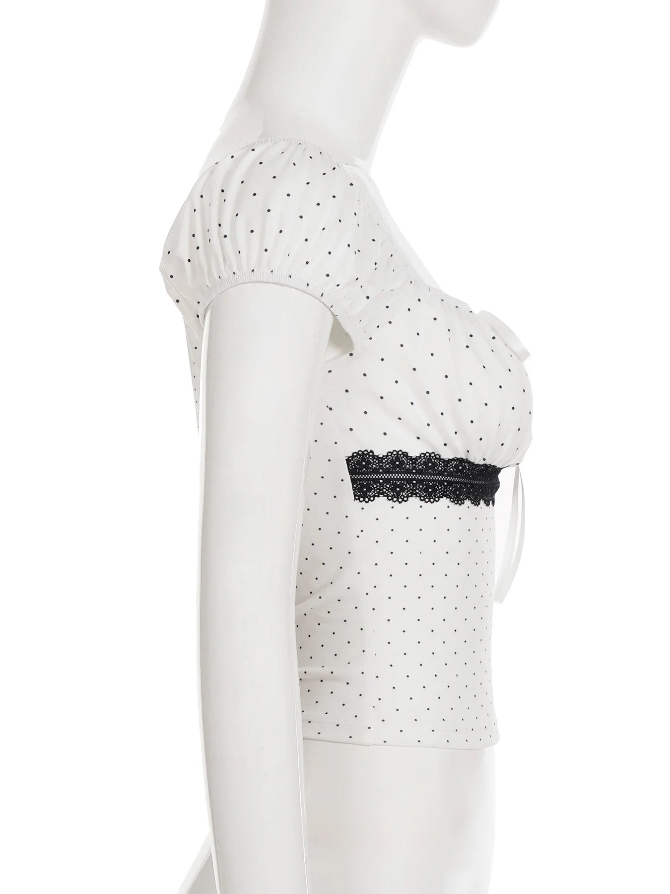 Cyflymder  Casual Dot Printed T Shirt French Style Slim Bandage Lace Trim Short Sleeve Tees Women 2025 Summer Fashion Streetwear