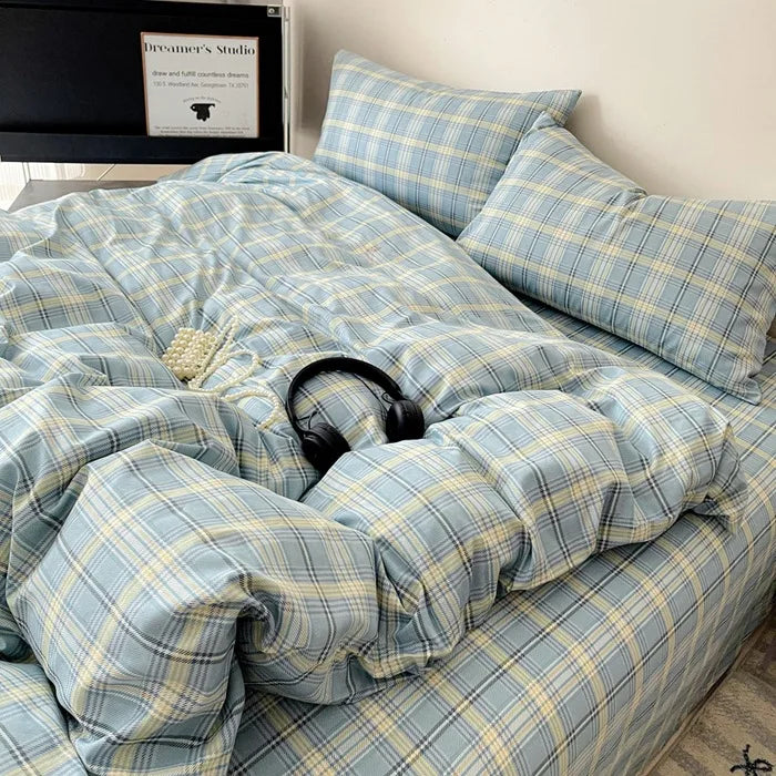 Cyflymder  Fashion Pure Cotton Grid Pattern Bedding Sets Skin Friendly Comfortable Bed Sheet Set for Adults Dormitory Home Quilt Cover Kit