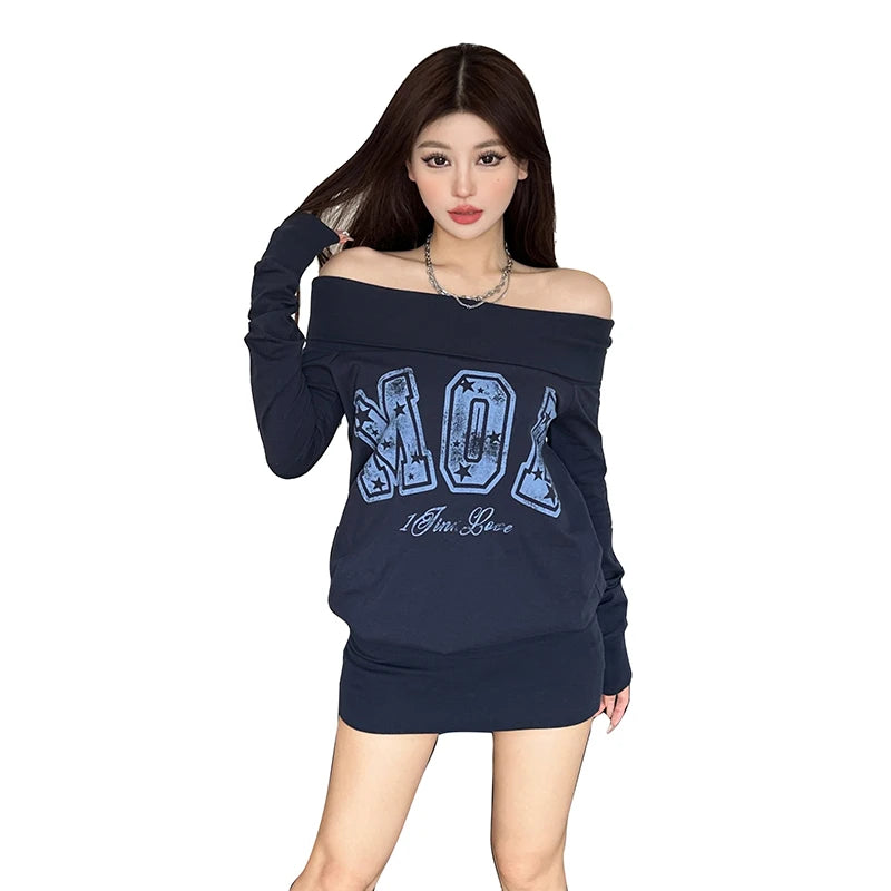 Cyflymder  Basic Casuals Letter Print Dress Women Autumn Slash Neck Full Sleeve Chic Trend Elastic Streetwear Daily Mini Bodycon