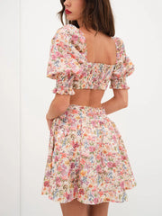 Cyflymder  Women s Summer Floral Print Dress Short Puff  Square Neck Cutout Waist  Mini A-Line Dress