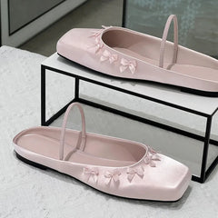 Cyflymder  Big Size 43 Summer Square Toe Cute Pink Satin Ballet Flats Shoes Women Bow Knot Comfy Walk Mules Shoes Outdoor Slipper