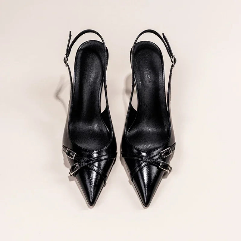 Cyflymder  Summer Elegant Buckle Decorated Black Stiletto Women's Sandals Fashion Pointed Toe Shallow Mouth New Sexy High Heels