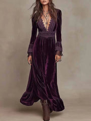 Cyflymder  Vintage Velvet Maxi Dress for Women Lace Deep V‑Neck Flare Sleeve High Waist Ruffle Hem Long Dress Elegant Evening Party Dresses