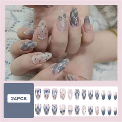 Cyflymder  24pcs Glossy Almond False Nails Blue Gray Gradient Bowknots Shiny Sequins Diamond Press On Nails Ins Style Plaid Fake Nail Tips