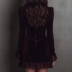 Cyflymder  Velvet Elegant Lace Sexy V-neck Mini Dress for Women's Flare Lace Sleeve Hollow Out Casual Vintage Autumn Party Club Dress