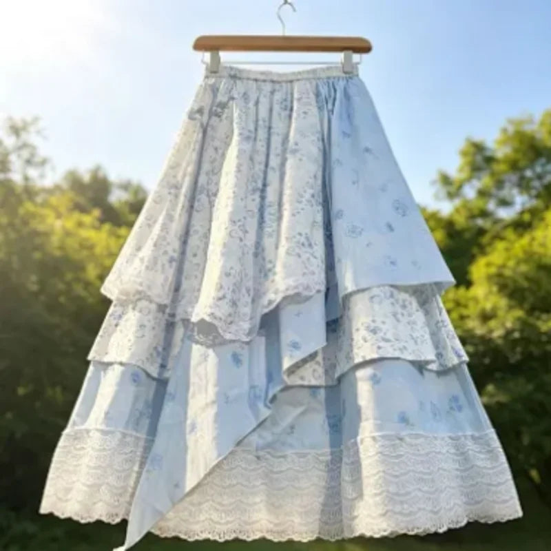 Cyflymder  Vintage Flower Print Women Skirt Sweet Daily Elastic Waist Irregular Multi-Layer Office Work A-line Skirts All Match 286B