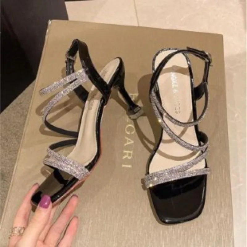 Cyflymder  French Rhinestone Sandals Fashion Fine Heel High Heel Sandals Women's Summer New Fairy Style Thin High Heels Shoes