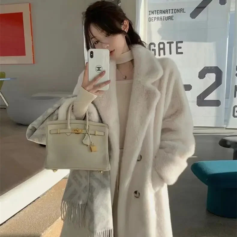 Cyflymder Fashion Autumn/Winter Thick Suit Collar Imitation Mink Fur One Piece Fur Eco Friendly Furs Long Coat Women Jacket Winter Clothes