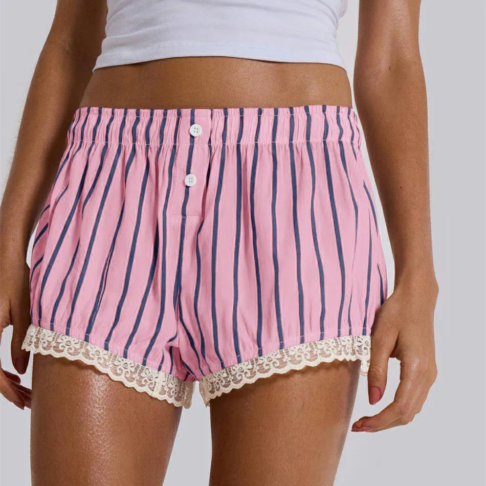Cyflymder  Y2K Boxer Shorts Women Striped Gingham Lounge Pajama Low Elastic Waist Sleep Lace Trim Micro Short Pj Mini Pants