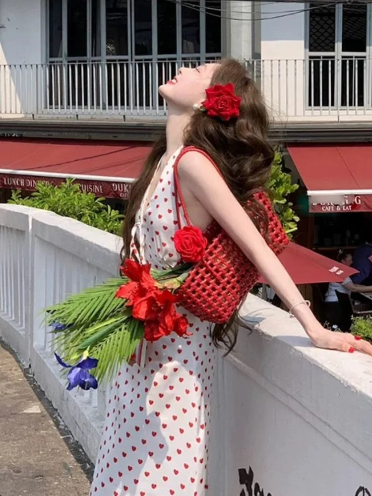 Cyflymder  French Elegant Heart Dot Long Dresses Sweet Slim Neck-mounted Summer Vacation Clothing Women Vintage Sexy Evening Party Dress