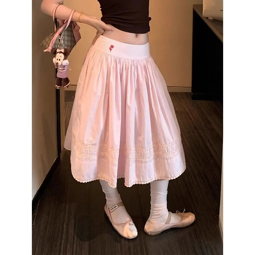 Cyflymder  Flower Embroidered Cotton Striped Skirt Women's New Summer Lace Patchwork Pleated Umbrella Skirt