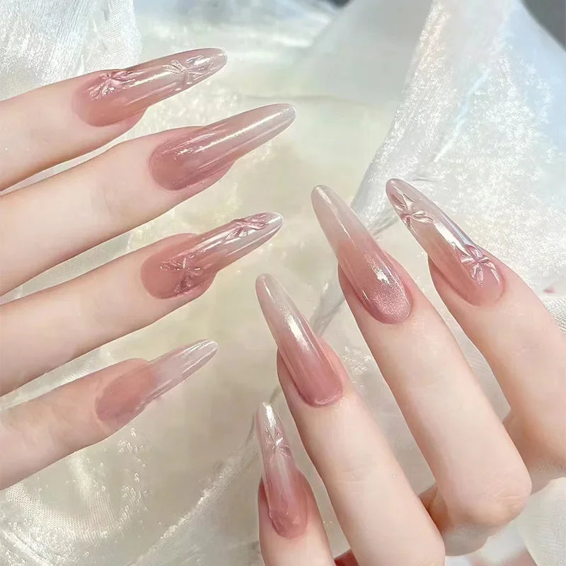 Cyflymder  30Pcs Wine Red Fake Nails With Gradient Print Design Long Stiletto False Nails Wearabe Almond Press on Nails Full Cover Tips