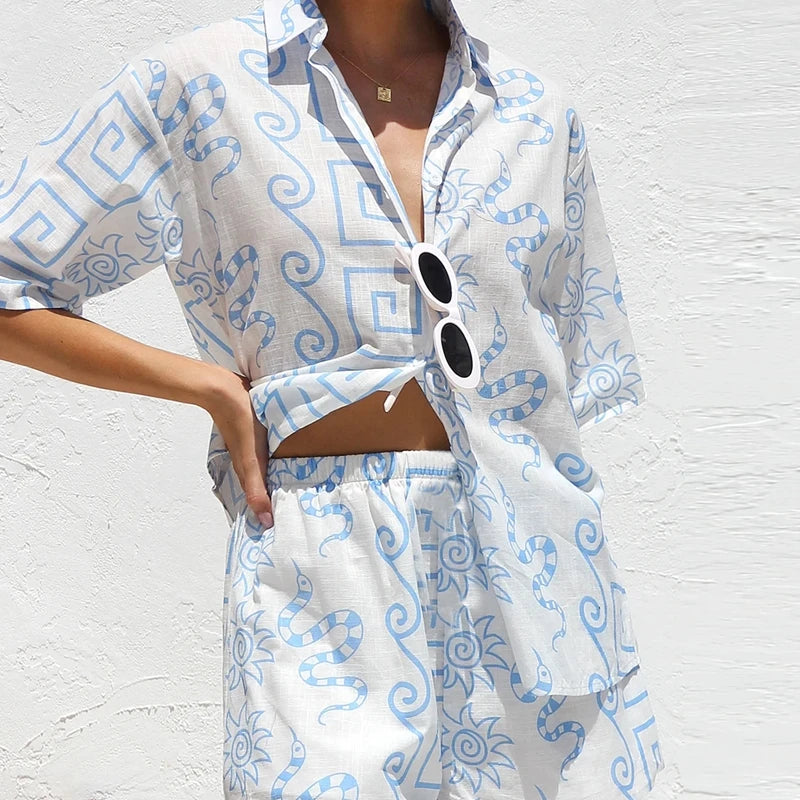 Cyflymder  Boho Beach Style 2 Piece Outfits Fashion Printed Short Sleeve Button Up Blouse Tops + Shorts Set Women Lounge Matching Beachwear