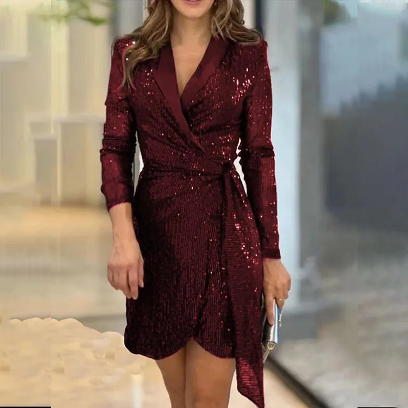 Cyflymder DRESS TO IMPRESS Women's Spring Summer New Collection Solid Color Fashionable Sexy Waist Series Sequined Suit Collar Long Sleeved Lace Up Dress