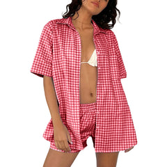 Cyflymder  Women's Lounge Wear Outfits Summer Fall Beach Streetwear Short Sleeve Lapel Neck Button Down Tops Elastic Waist Shorts Plaid Set